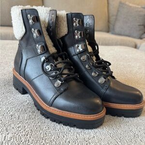 Marc Fisher Black Leather Combat Boots with Shearling